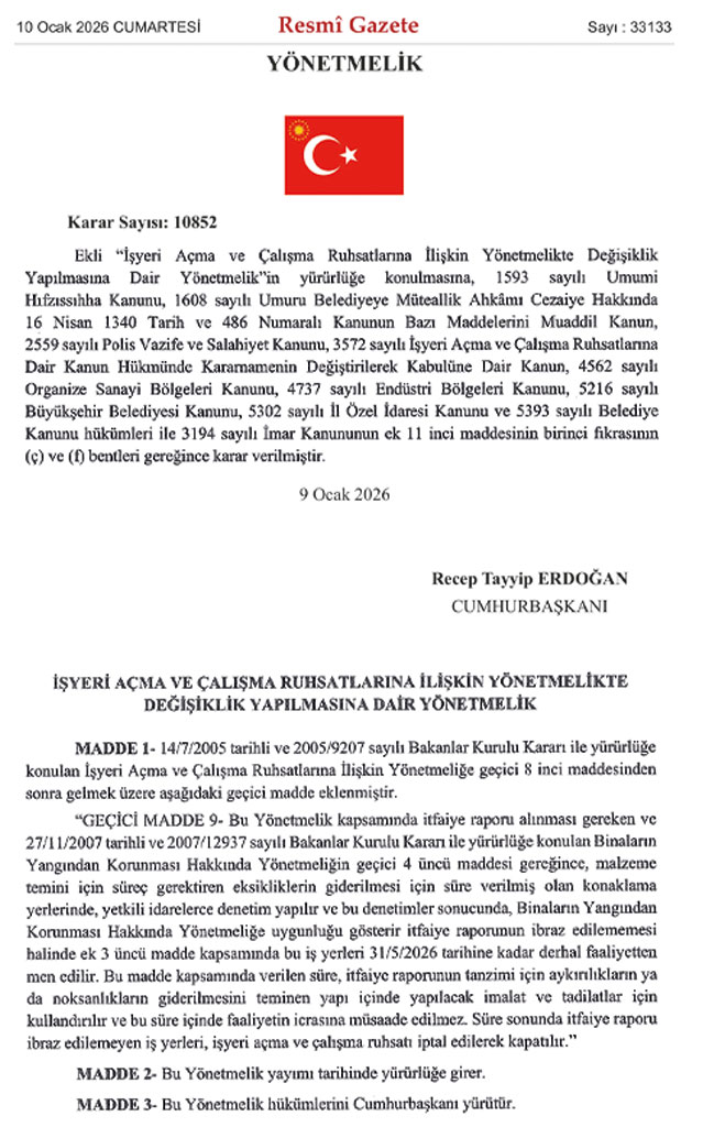Yangın yönetmeliği değişikliği ile 31 Mayıs 2026’ya kadar verilen ek süreyi anlatan görsel
